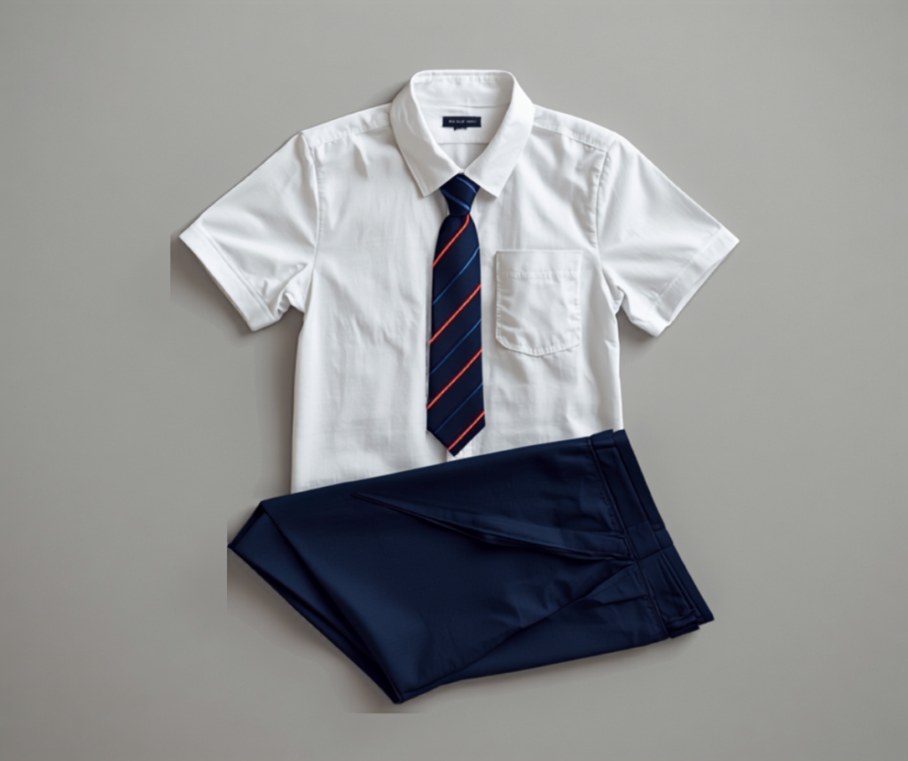 School uniform set: white shirt, striped tie and navy trousers, flat lay