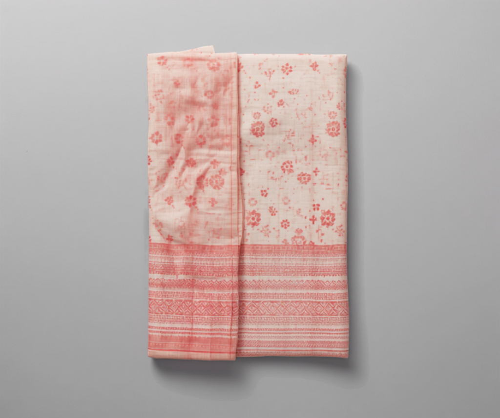 Folded block-printed cotton salwar suit set with dupatta, flat lay
